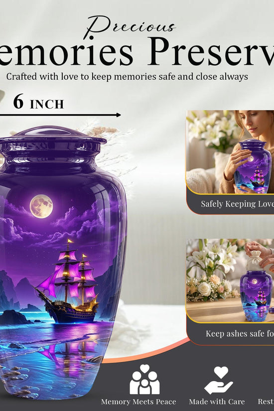 Personalized Pirate Ship Urn, Moonlit Ocean Cremation Memorial Keepsake
