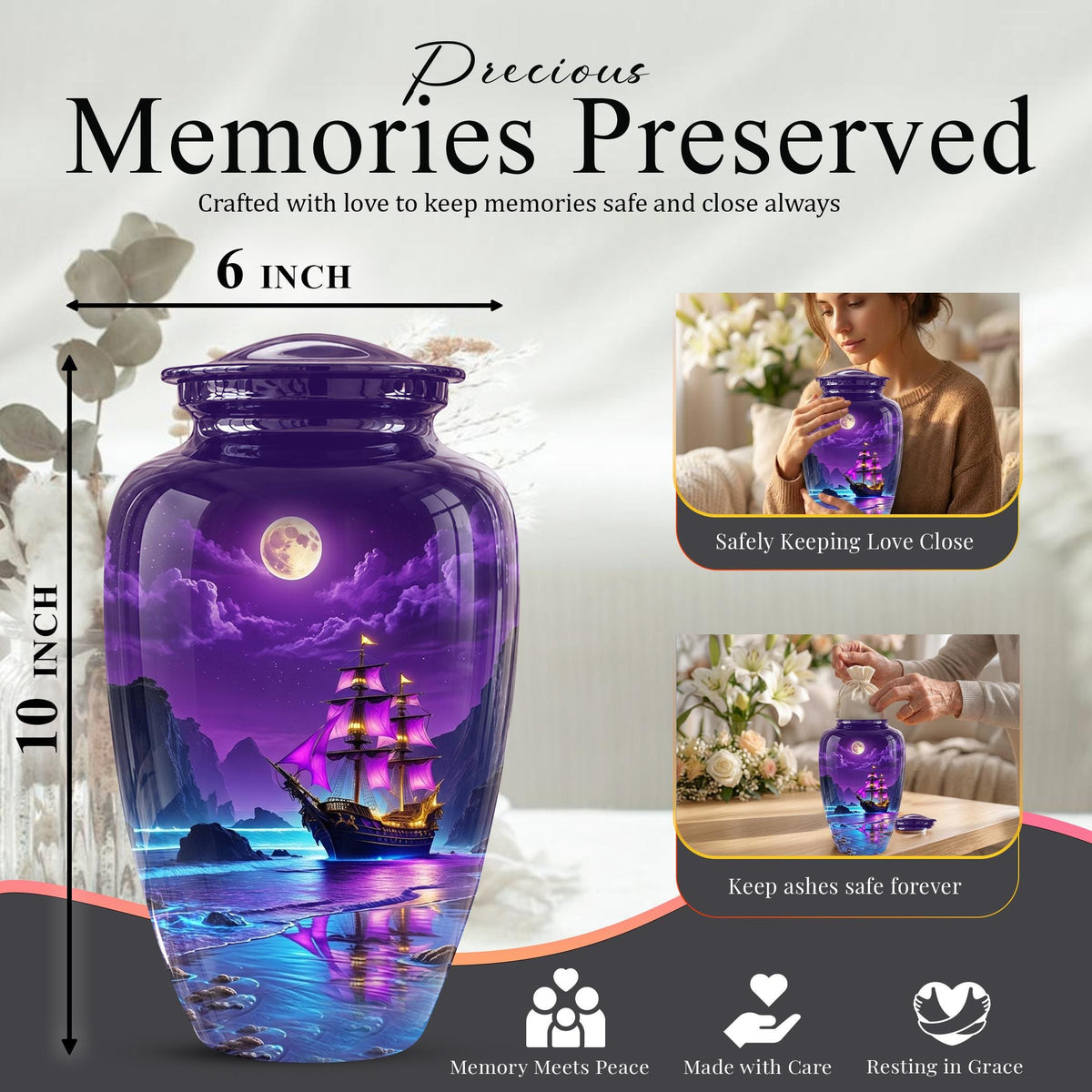 Personalized Pirate Ship Urn, Moonlit Ocean Cremation Memorial Keepsake