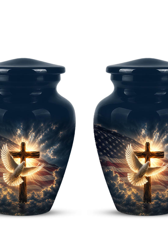 Personalized Christian Cremation Urn, American Flag Cross Memorial Keepsake