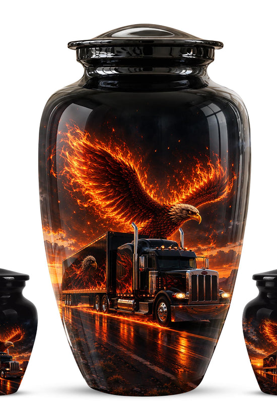 Eagle and Semi Truck Cremation Urn for Ashes - Fiery Bald Eagle Memorial Urn