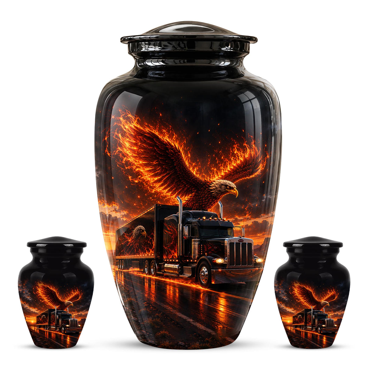 Eagle and Semi Truck Cremation Urn for Ashes - Fiery Bald Eagle Memorial Urn