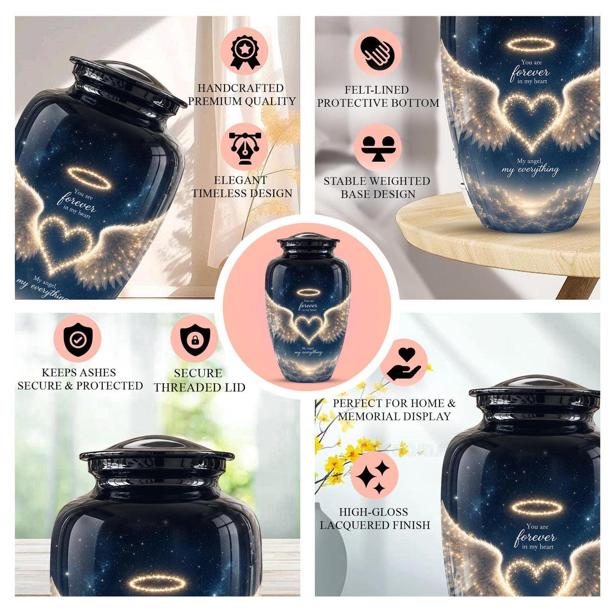 Forever in My Heart Memorial Urn - Personalized Angel Wings Cremation Urn,Custom Remembrance Keepsake