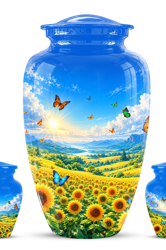 Butterfly and Sunflower Cremation Urn for Ashes - Blue Sky Floral Memorial Urn