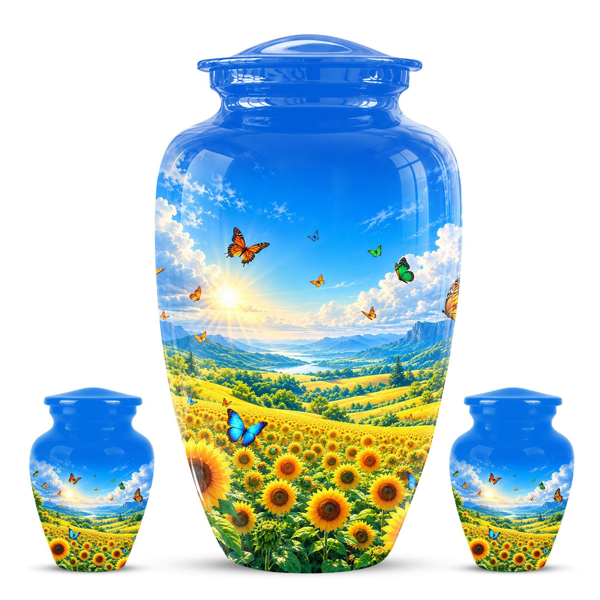 Butterfly and Sunflower Cremation Urn for Ashes - Blue Sky Floral Memorial Urn
