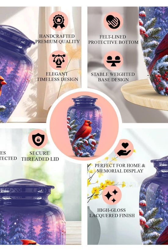 Cardinal Winter Memorial Urn, Red Bird Ashes Keepsake (200 Cubic)