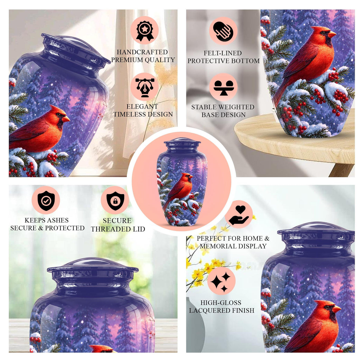 Cardinal Winter Memorial Urn, Red Bird Ashes Keepsake (200 Cubic)