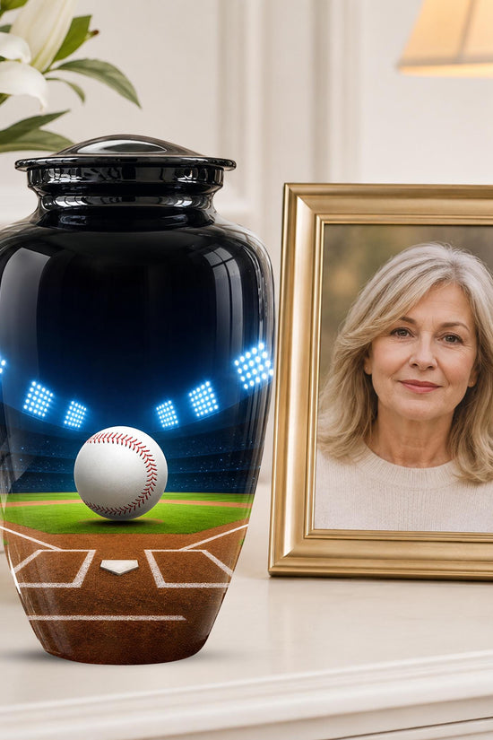 Baseball Cremation Urn for Ashes - Baseball Memorial Urn with Ball and Stadium Lights