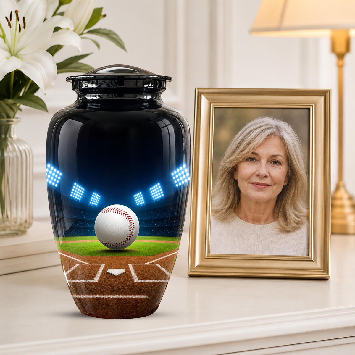 Baseball Cremation Urn for Ashes - Baseball Memorial Urn with Ball and Stadium Lights