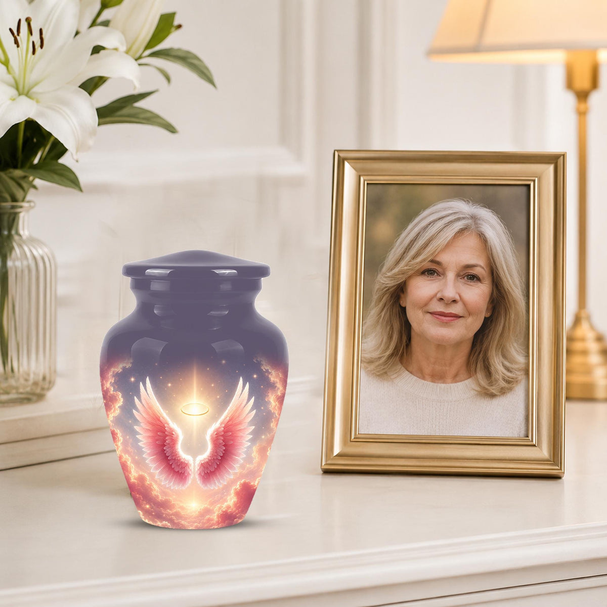 Pink Angel Wings Memorial Urn - Personalized Heavenly Cremation Urn