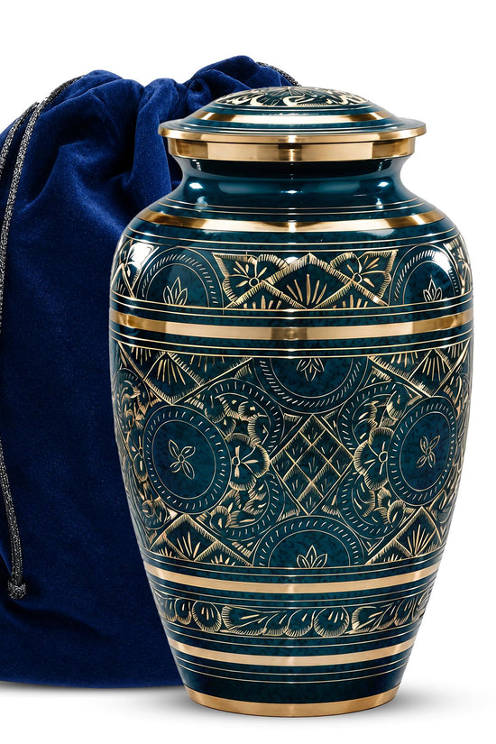 Teal and Gold Brass Cremation Urn for Ashes - Dark Green Ornamental Memorial Urn