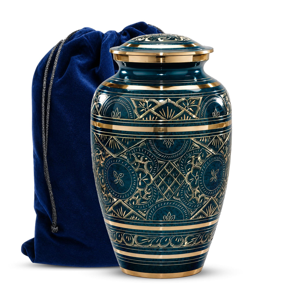 Teal and Gold Brass Cremation Urn for Ashes - Dark Green Ornamental Memorial Urn