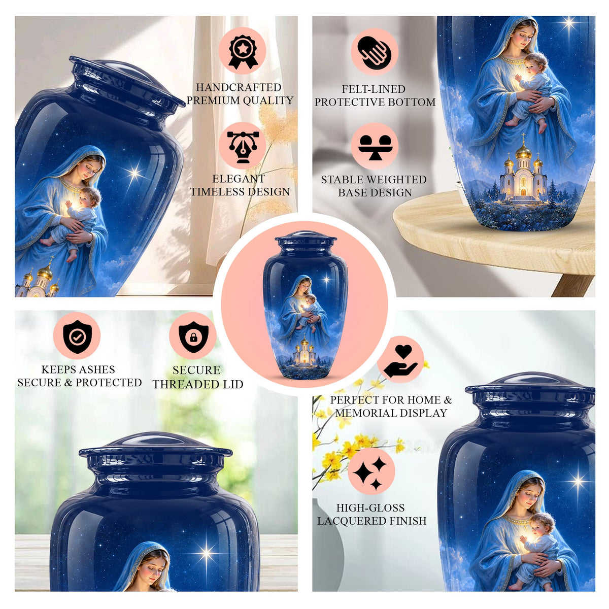 Personalized Mother Mary Cremation Urn, Catholic Memorial Keepsake (Custom Photo)