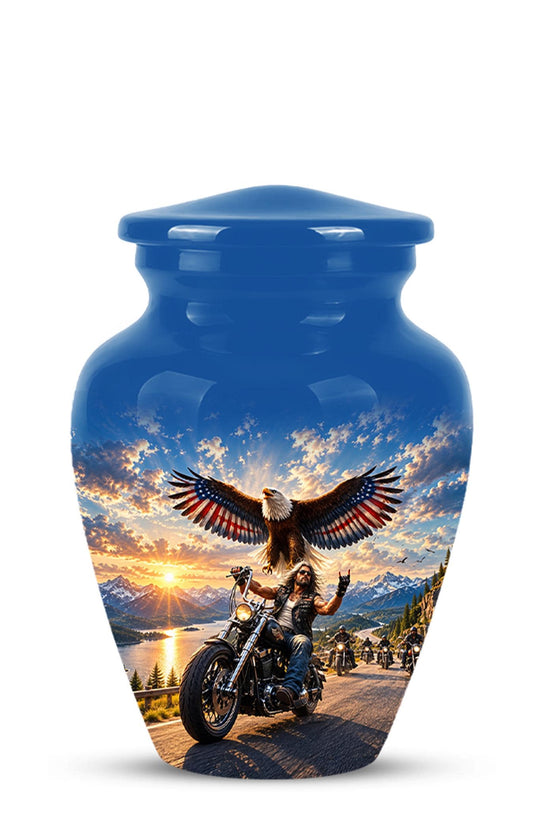 Motorcycle Eagle Cremation Urn for Ashes - Biker Memorial Urn, Blue Sky Sunset Motorcycle Tribute