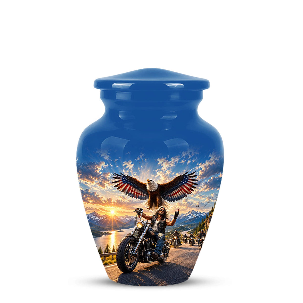 Motorcycle Eagle Cremation Urn for Ashes - Biker Memorial Urn, Blue Sky Sunset Motorcycle Tribute