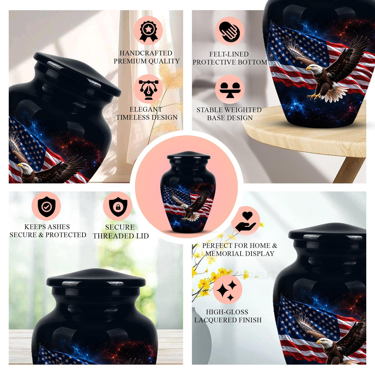 American Flag Eagle Cremation Urn for Ashes - Patriotic Bald Eagle Memorial Urn