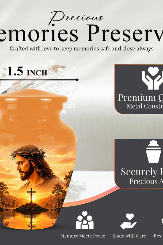 Personalized Jesus Cremation Urn for Ashes, Jesus Christ Sunset Memorial Urn, Christian Cross Tribute Urn, Religious Keepsake Urn Set (200 Cubic)