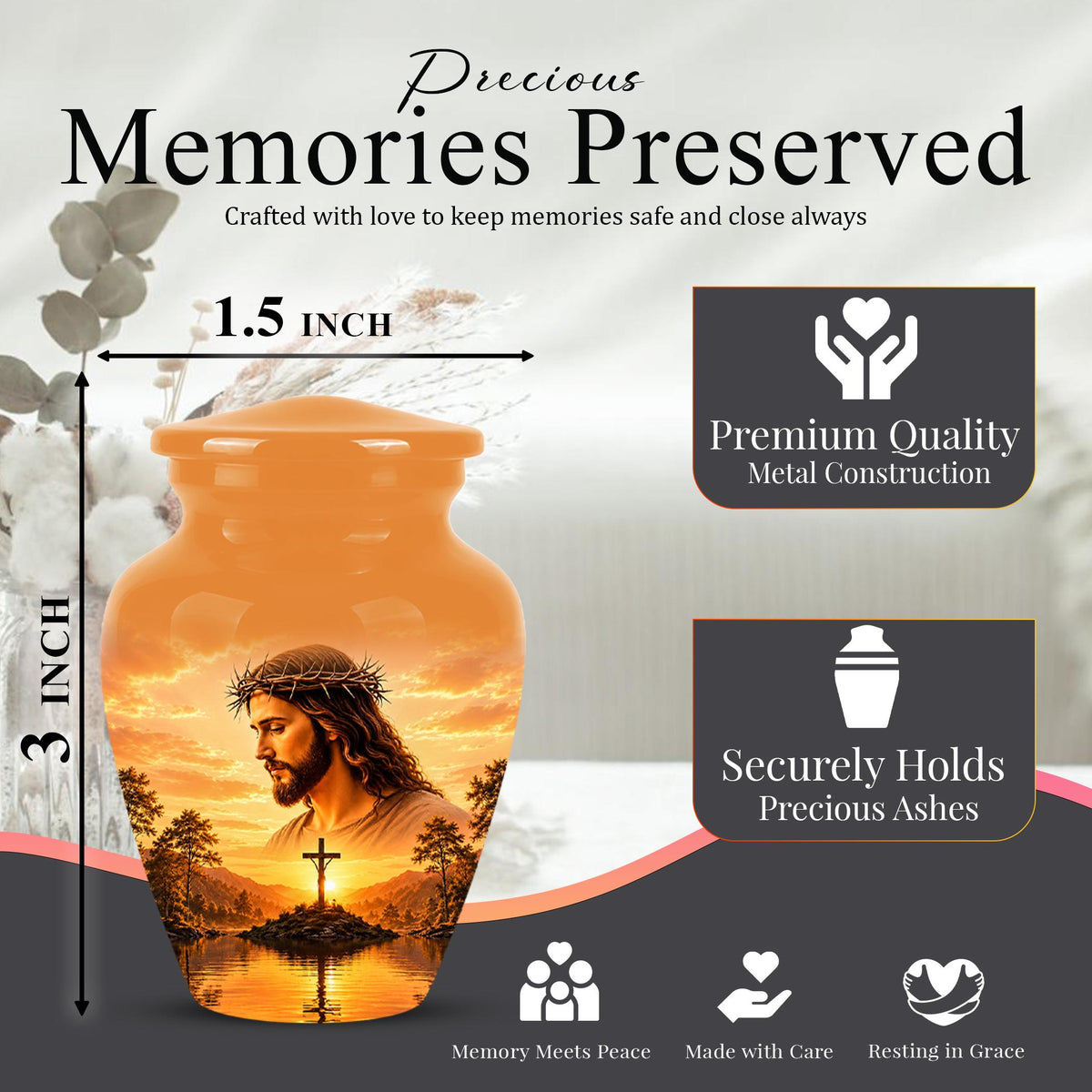 Personalized Jesus Cremation Urn for Ashes, Jesus Christ Sunset Memorial Urn, Christian Cross Tribute Urn, Religious Keepsake Urn Set (200 Cubic)