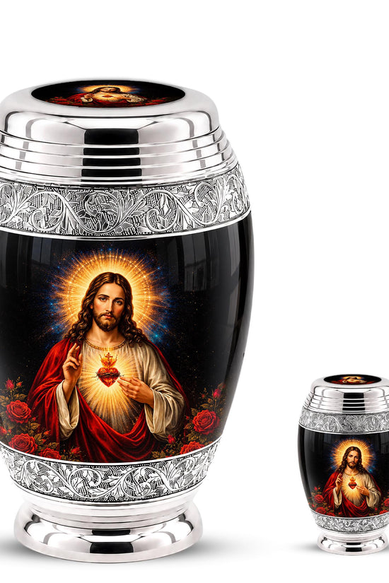 Personalized Sacred Heart of Jesus Cremation Urn - Catholic Memorial Keepsake (Black Finish)