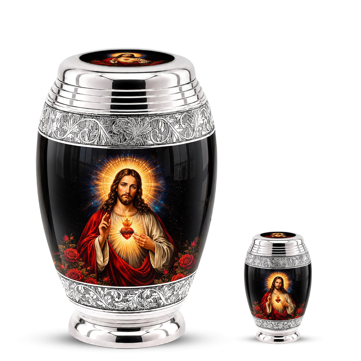 Personalized Sacred Heart of Jesus Cremation Urn - Catholic Memorial Keepsake (Black Finish)