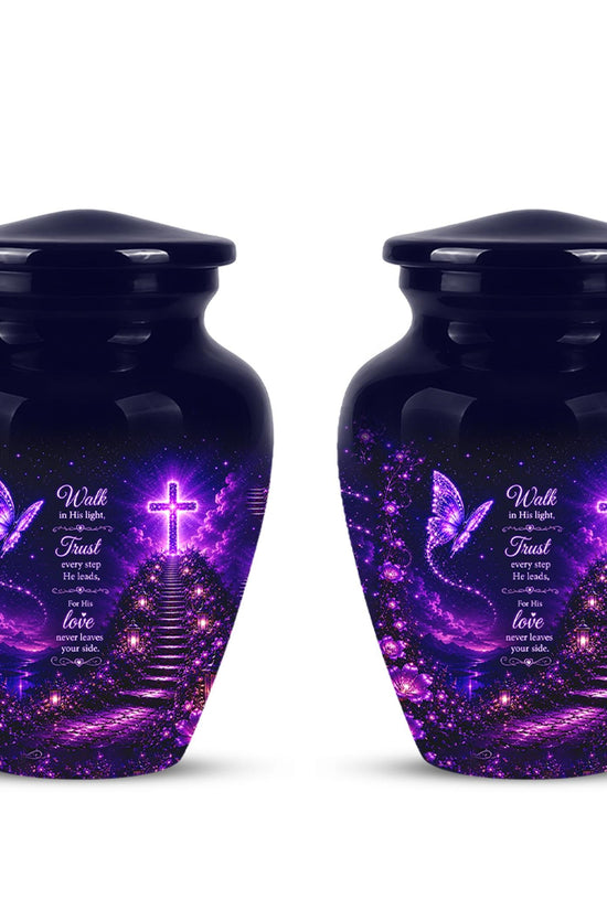 Purple Butterfly Cremation Urn for Ashes - Christian Memorial Urn with Glowing Cross