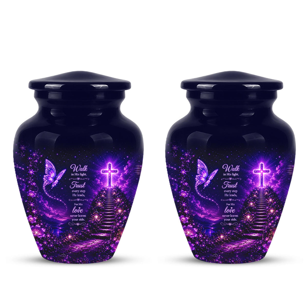 Purple Butterfly Cremation Urn for Ashes - Christian Memorial Urn with Glowing Cross