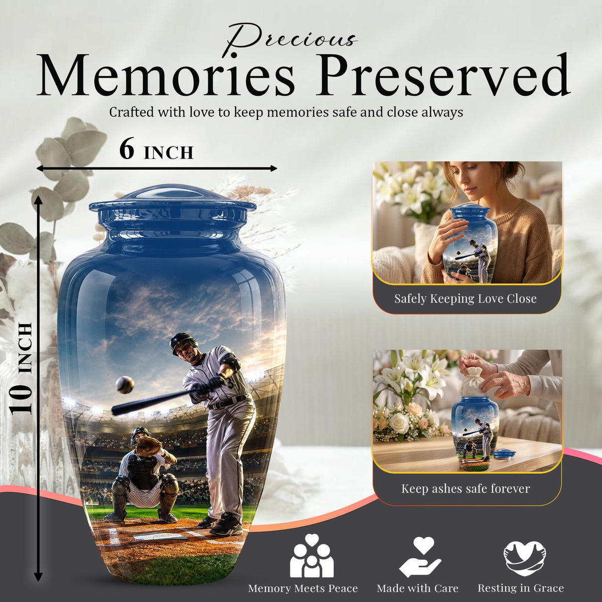 Baseball Cremation Urn for Ashes - Baseball Batter and Catcher Memorial Urn