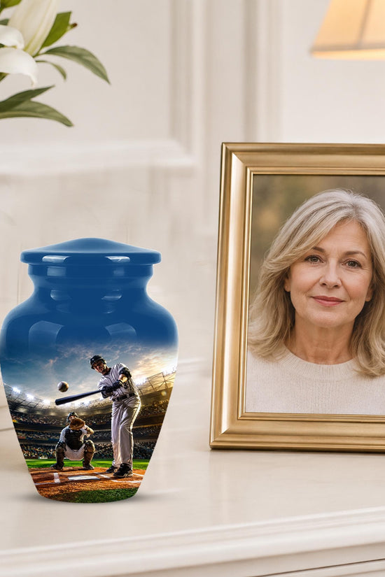 Baseball Cremation Urn for Ashes - Baseball Batter and Catcher Memorial Urn