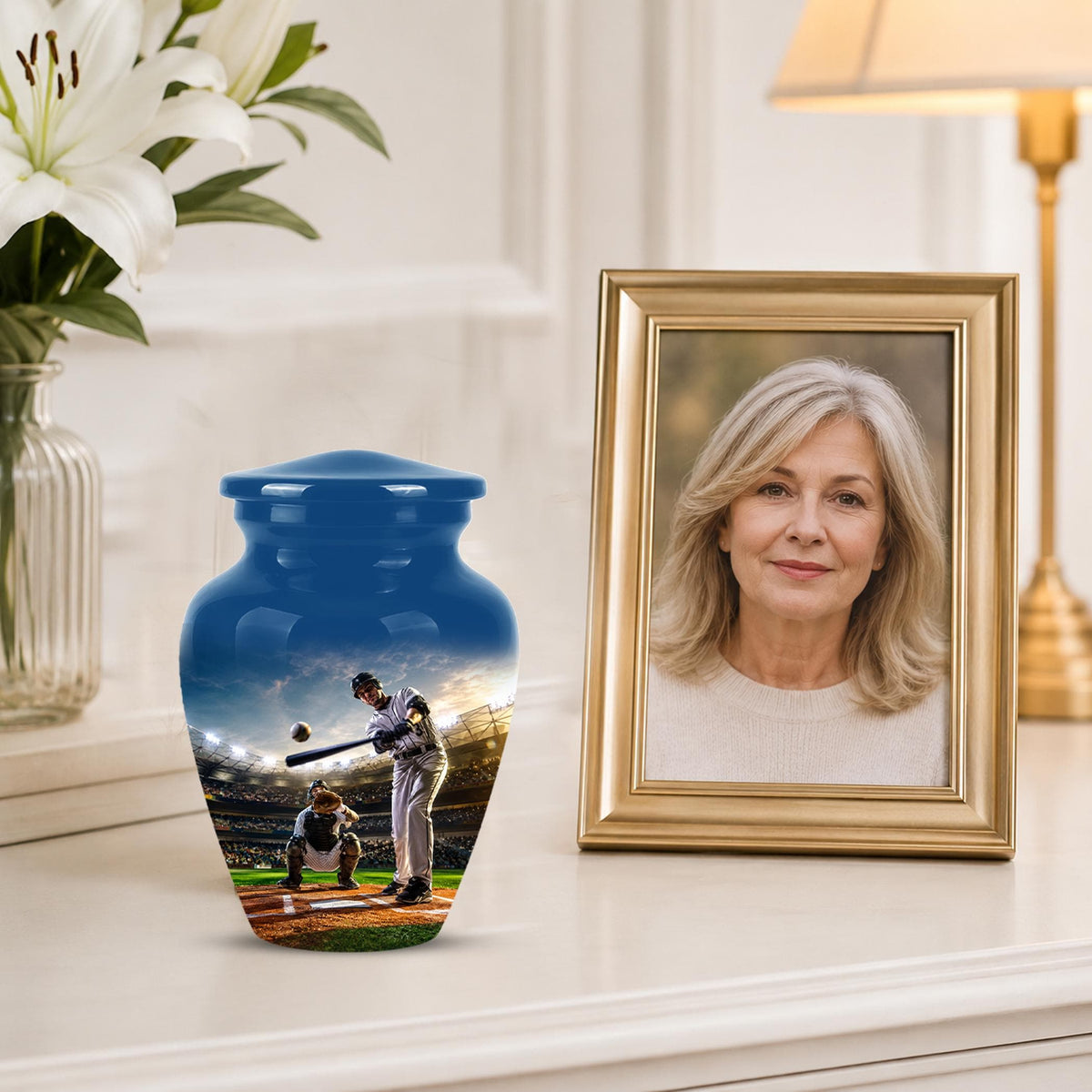 Baseball Cremation Urn for Ashes - Baseball Batter and Catcher Memorial Urn