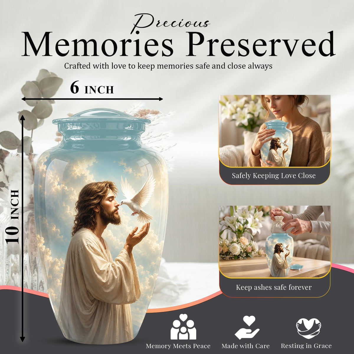 Personalized Christian Cremation Urn - Jesus Dove Memorial Keepsake