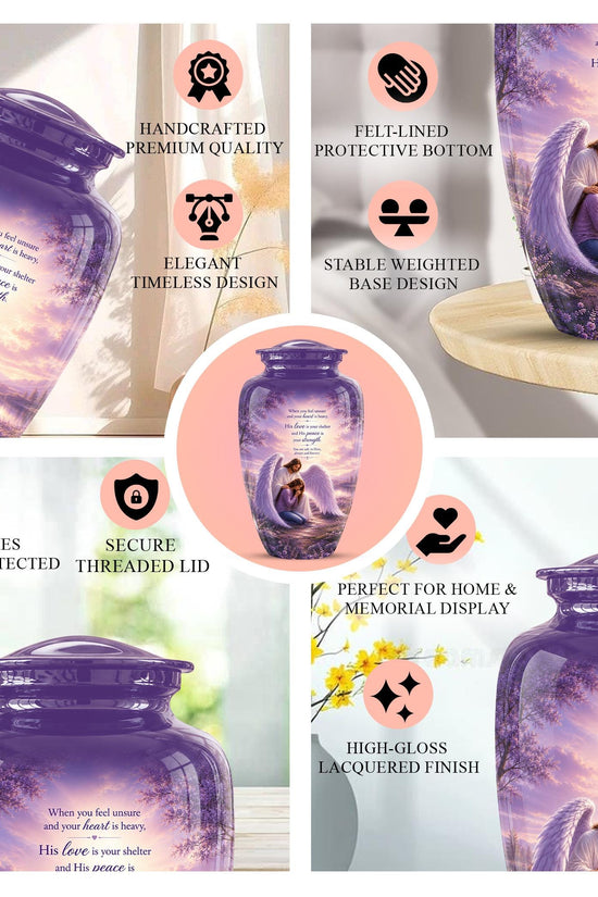 Personalized Angel Cremation Urn for Ashes - Mother and Daughter Memorial Urn, Purple Angel Wings