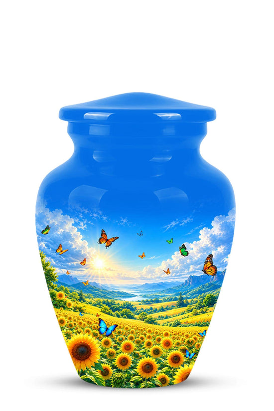Butterfly and Sunflower Cremation Urn for Ashes - Blue Sky Floral Memorial Urn