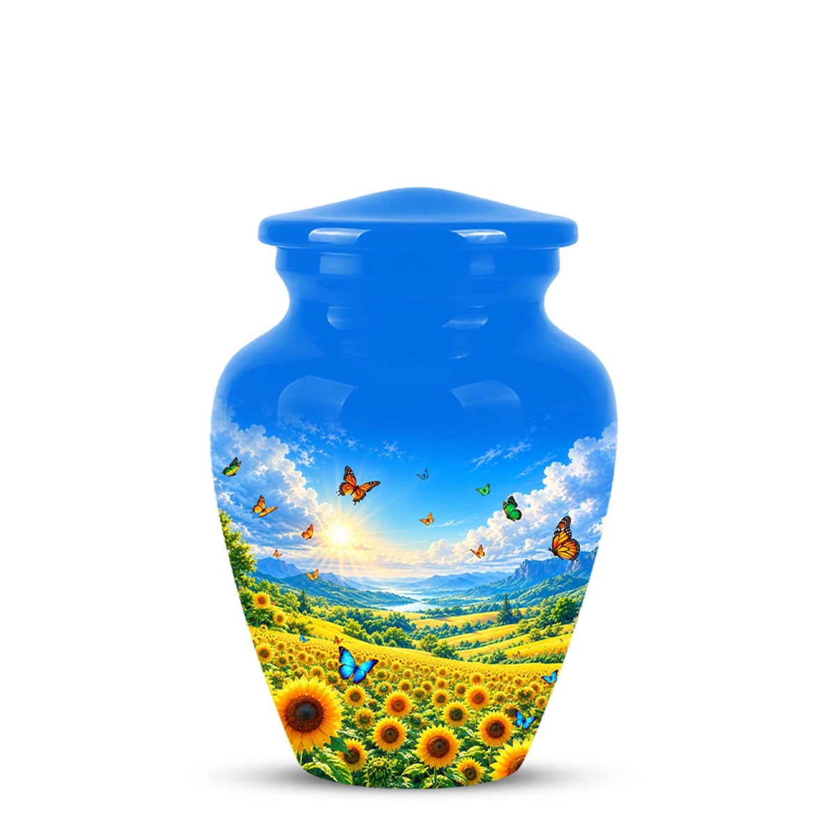 Butterfly and Sunflower Cremation Urn for Ashes - Blue Sky Floral Memorial Urn