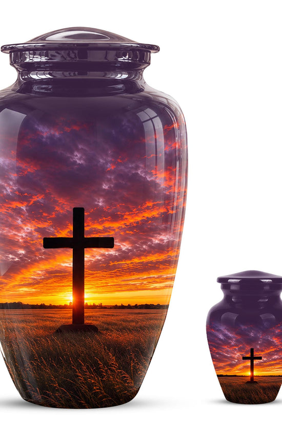 Personalized Cross Cremation Urn, Sunset Memorial Keepsake, Christian Ashes Tribute