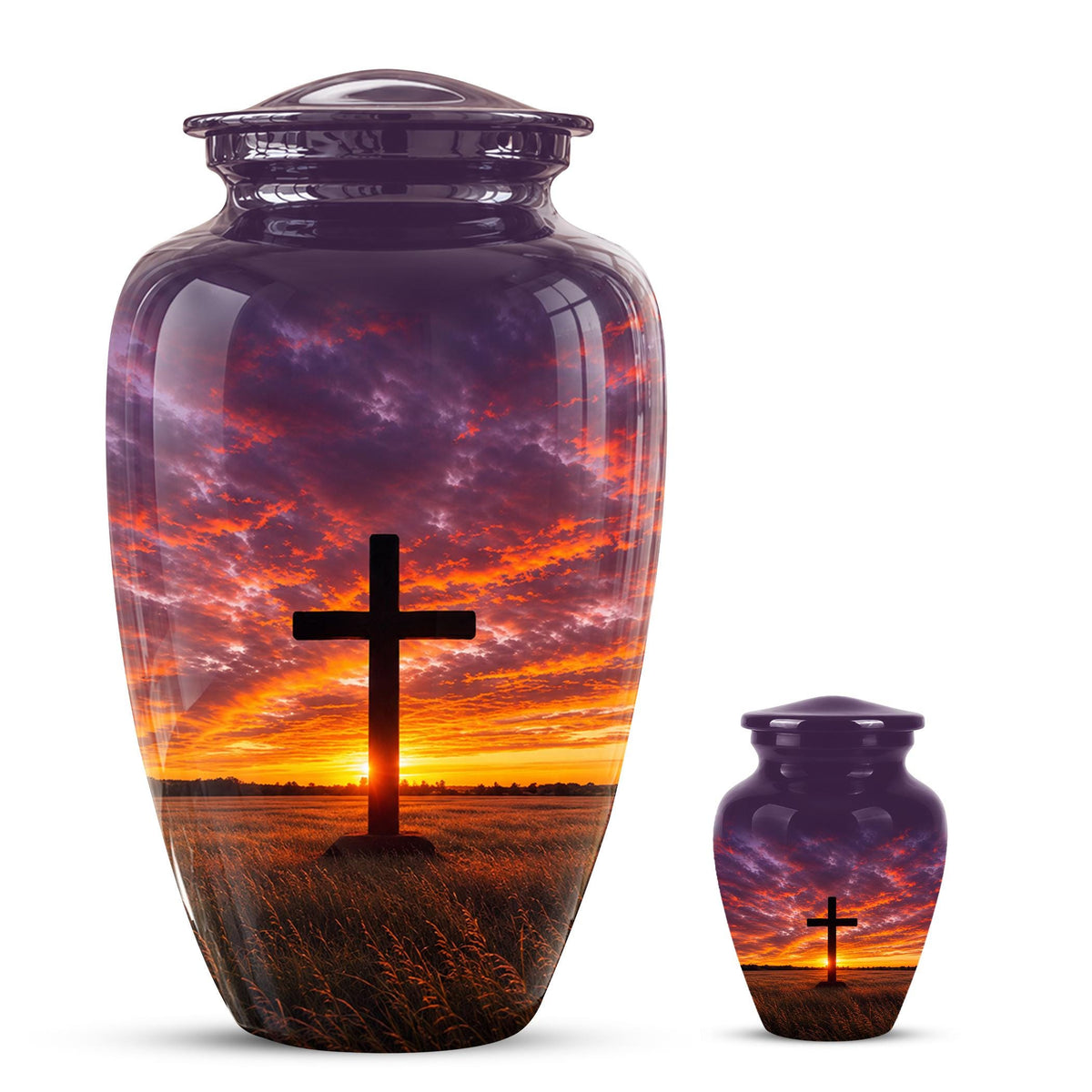 Personalized Cross Cremation Urn, Sunset Memorial Keepsake, Christian Ashes Tribute