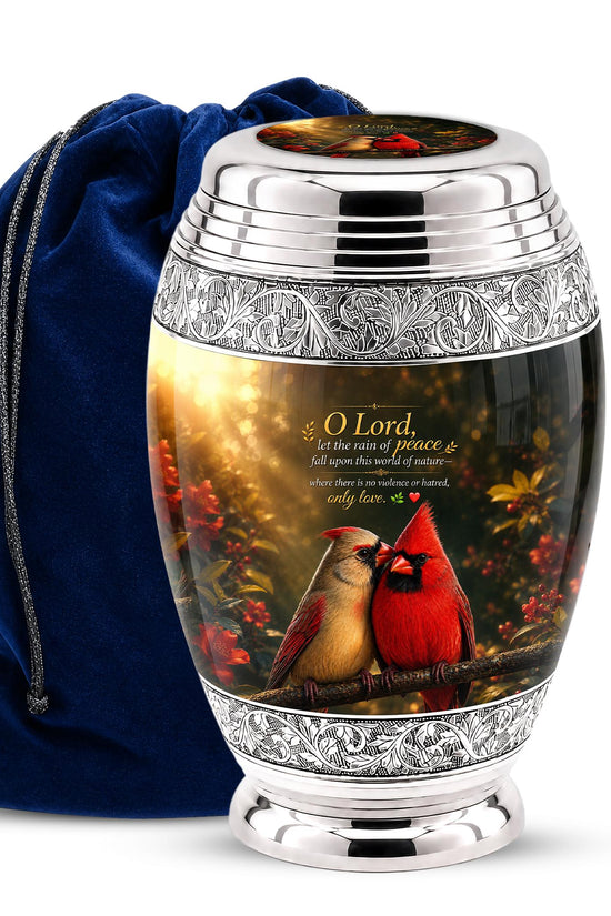 Personalized Cardinal Cremation Urn, Silver-Tone Memorial Ashes Urn, Floral Nature Scene
