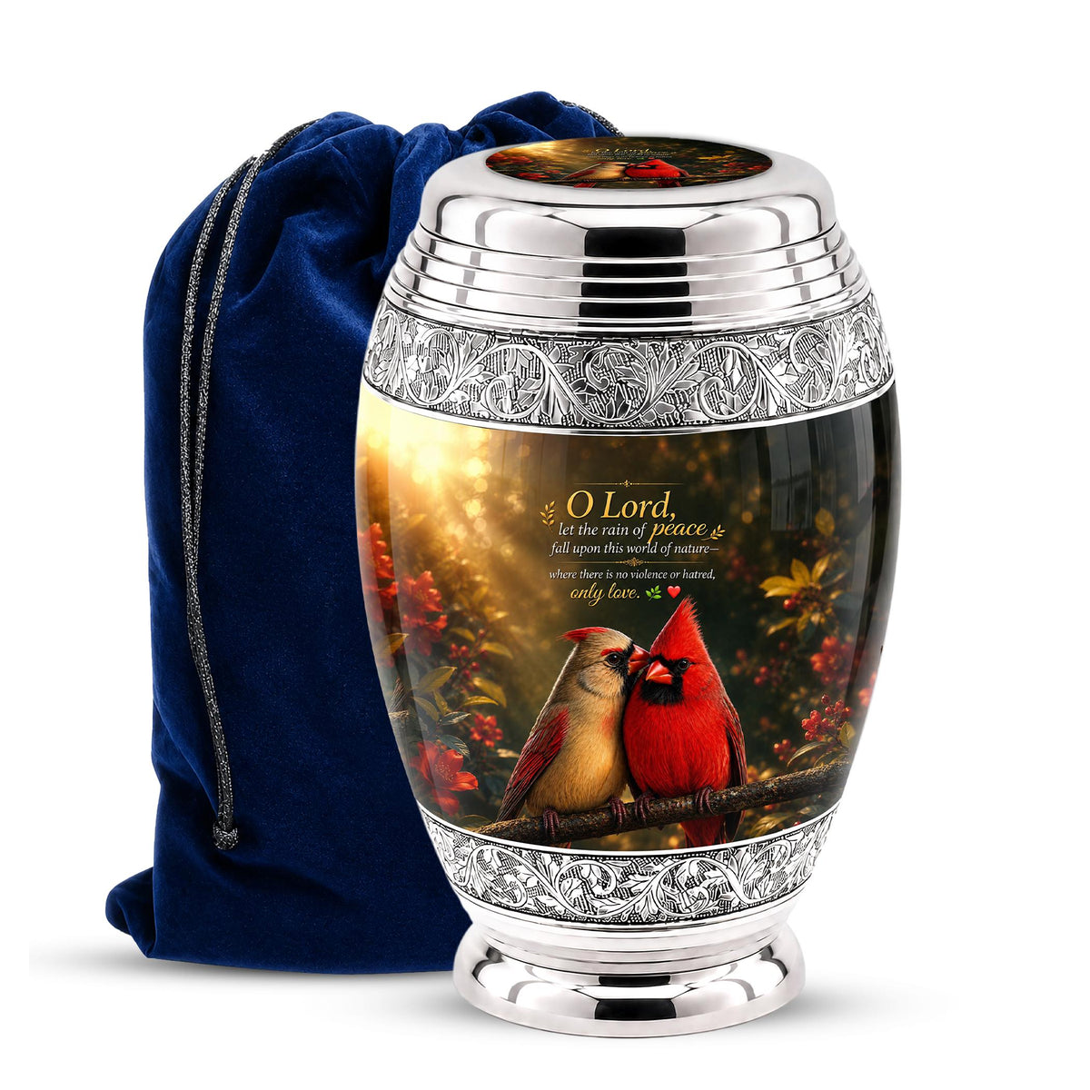 Personalized Cardinal Cremation Urn, Silver-Tone Memorial Ashes Urn, Floral Nature Scene
