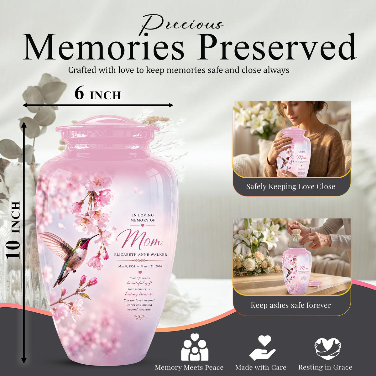 Personalized Hummingbird Memorial Urn for Mom - Keepsake Cremation Ashes Tribute