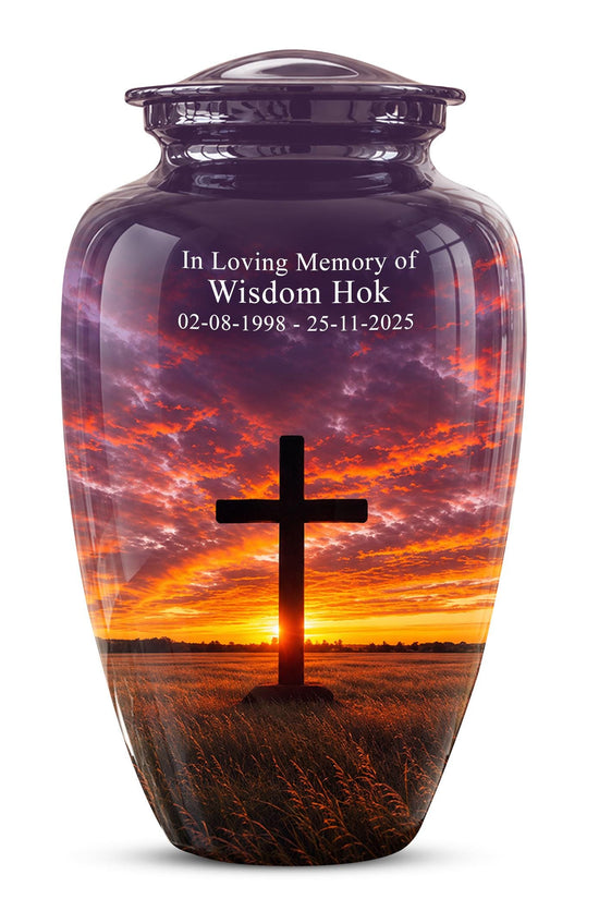 Personalized Cross Cremation Urn, Sunset Memorial Keepsake, Christian Ashes Tribute