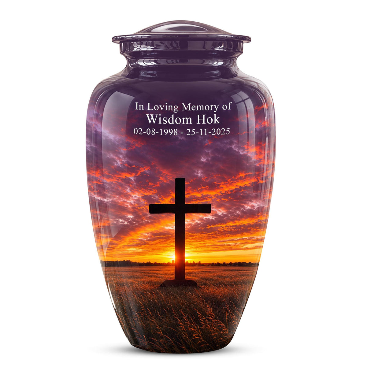 Personalized Cross Cremation Urn, Sunset Memorial Keepsake, Christian Ashes Tribute
