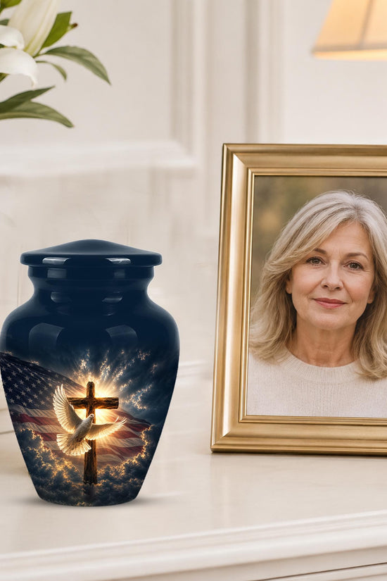 Personalized Christian Cremation Urn, American Flag Cross Memorial Keepsake