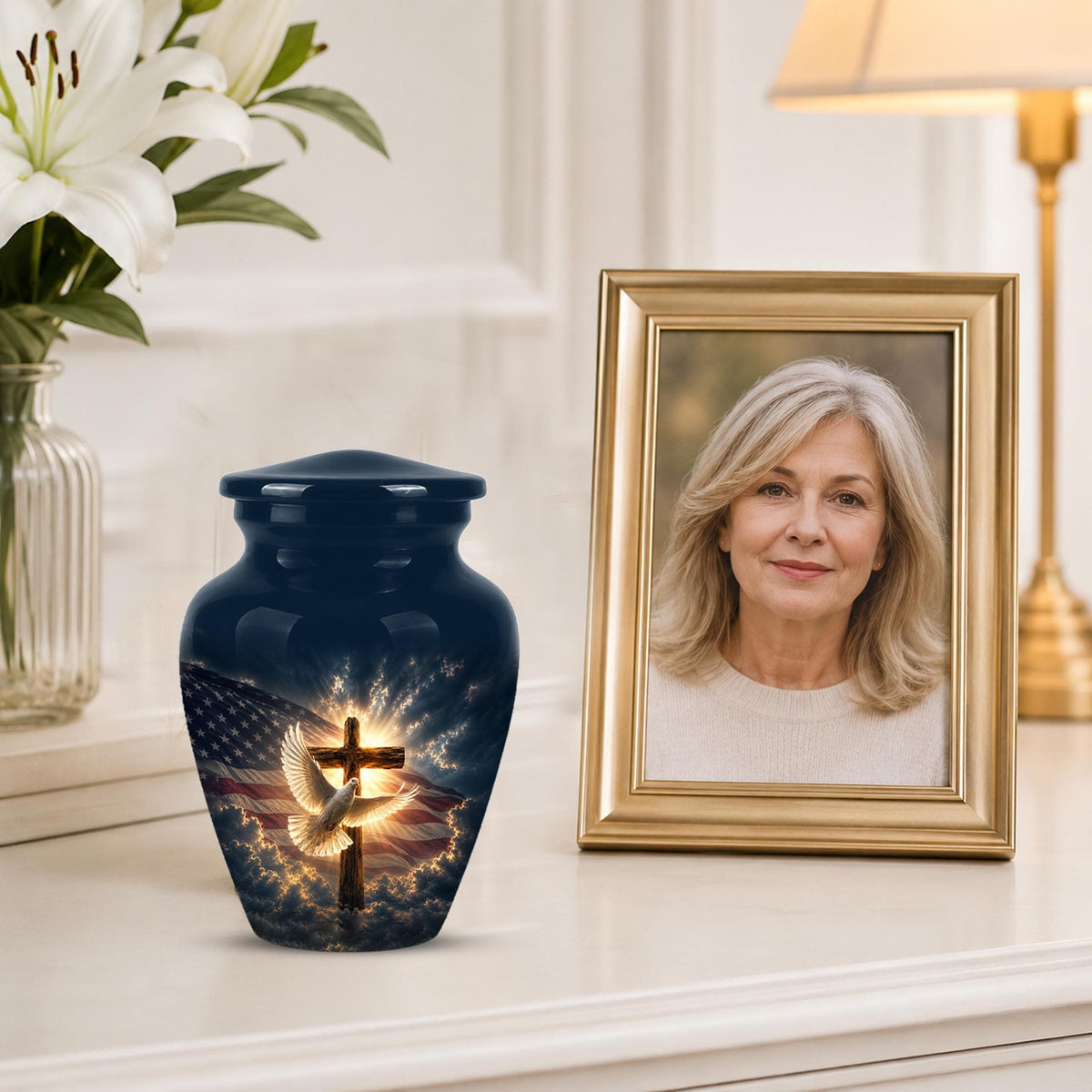 Personalized Christian Cremation Urn, American Flag Cross Memorial Keepsake