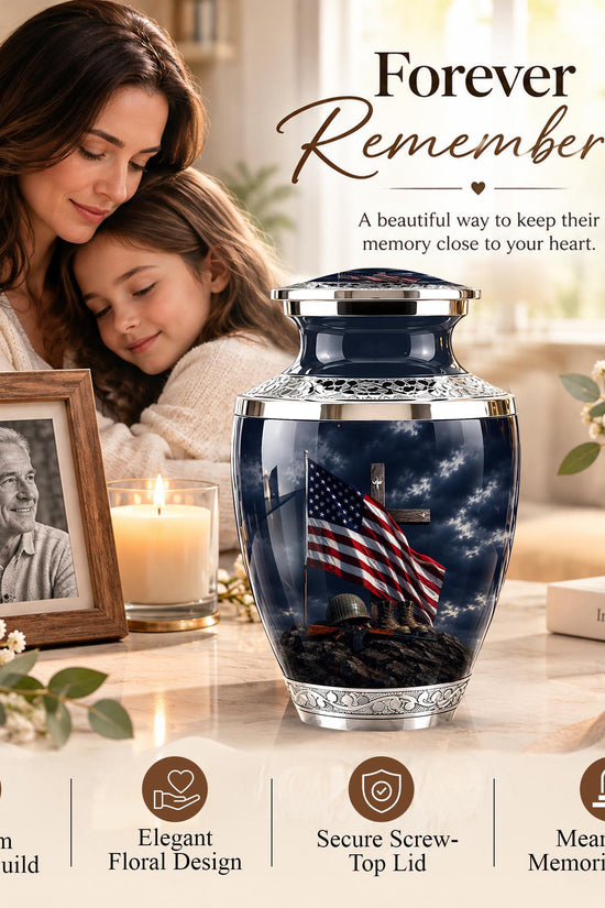 Military Cremation Urn, Patriotic Veteran Memorial Ashes, American Flag Tribute