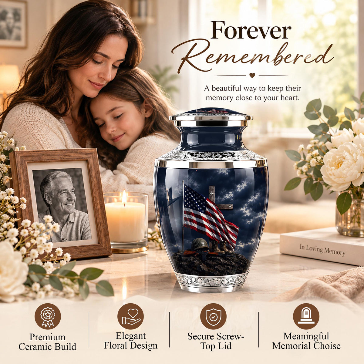 Military Cremation Urn, Patriotic Veteran Memorial Ashes, American Flag Tribute