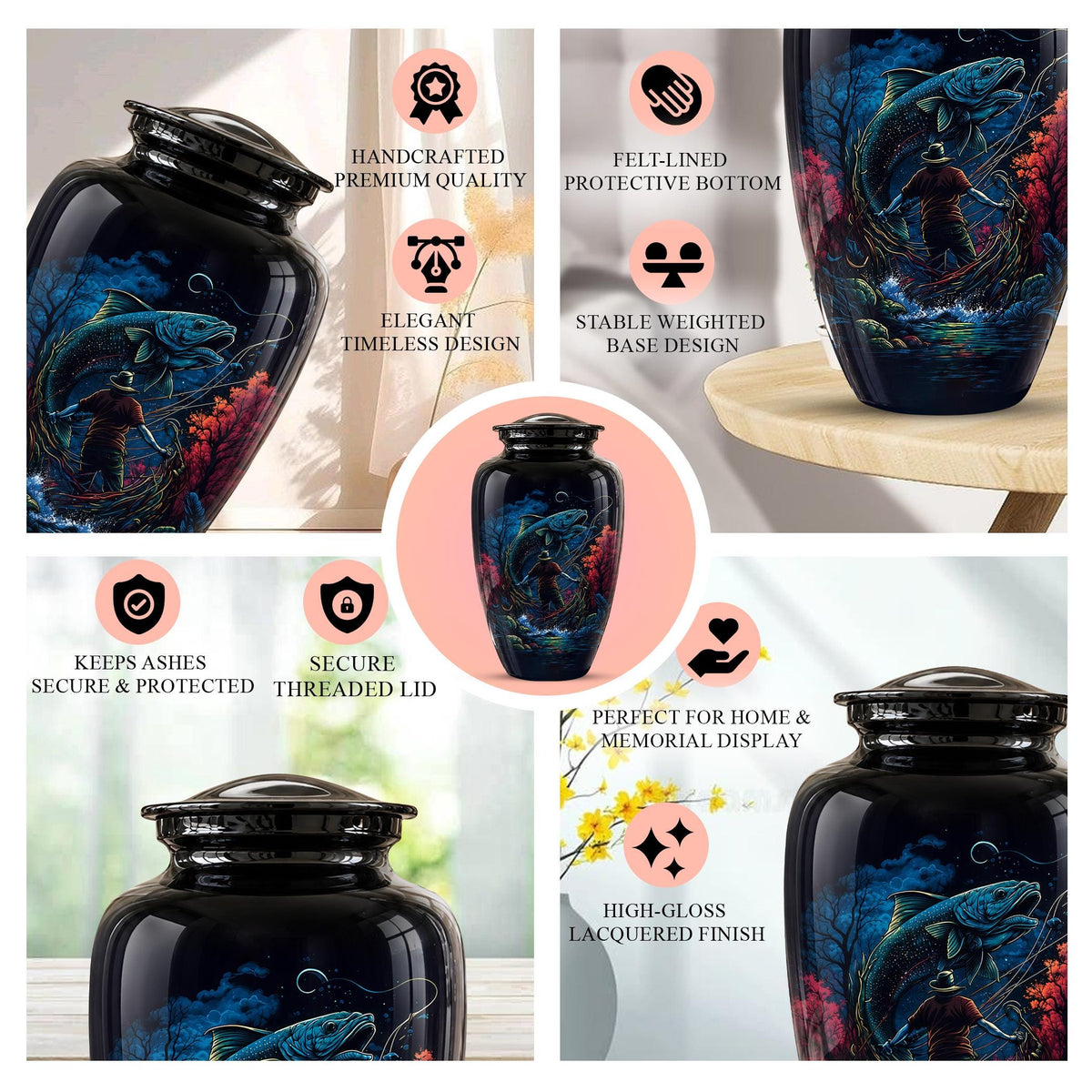 Personalized Bass Fishing Cremation Urn - Fisherman Memorial Urn for Ashes