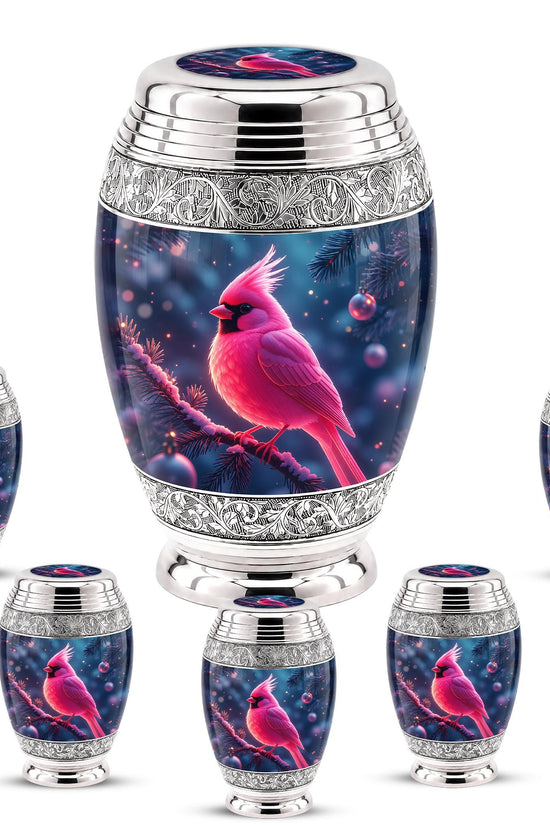 Personalized Pink Cardinal Cremation Urn, Silver-Tone Memorial Ashes Urn (Winter Scene)