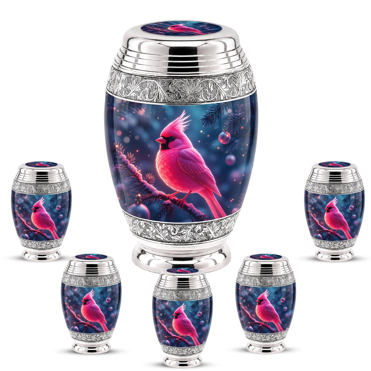 Personalized Pink Cardinal Cremation Urn, Silver-Tone Memorial Ashes Urn (Winter Scene)