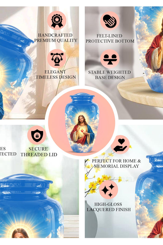 Personalized Sacred Heart of Jesus Cremation Urn for Ashes, Christian Memorial Urn - Catholic Jesus Christ Tribute Urn, Blue Religious Urn