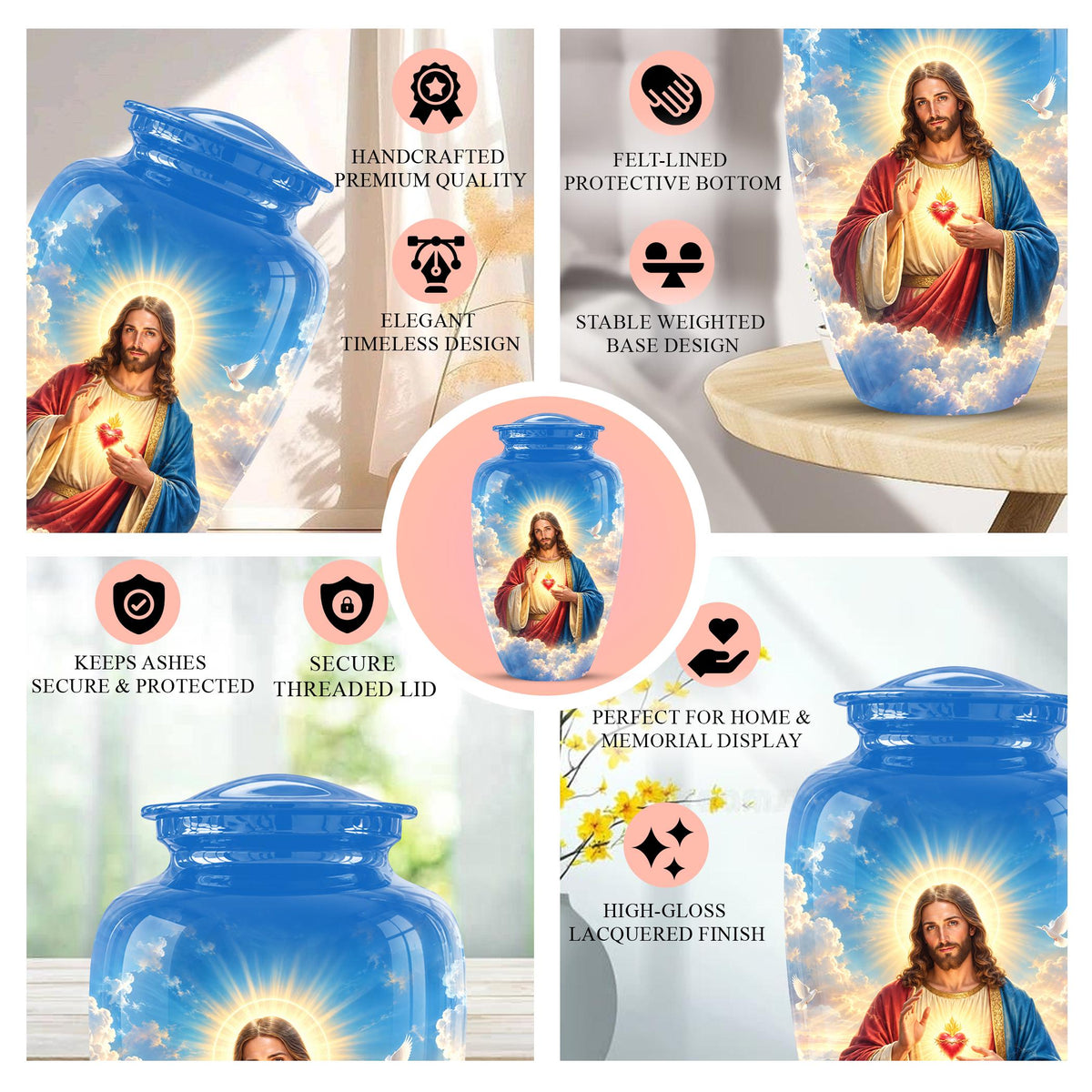 Personalized Sacred Heart of Jesus Cremation Urn for Ashes, Christian Memorial Urn - Catholic Jesus Christ Tribute Urn, Blue Religious Urn