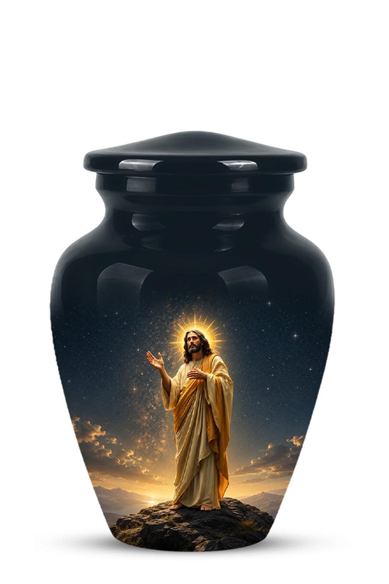 Christian Jesus Cremation Urn, Adult Memorial Keepsake, Glossy Black Finish