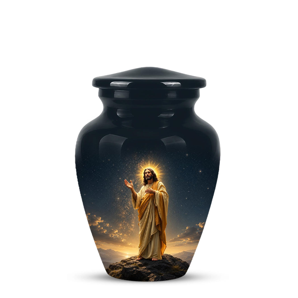 Christian Jesus Cremation Urn, Adult Memorial Keepsake, Glossy Black Finish
